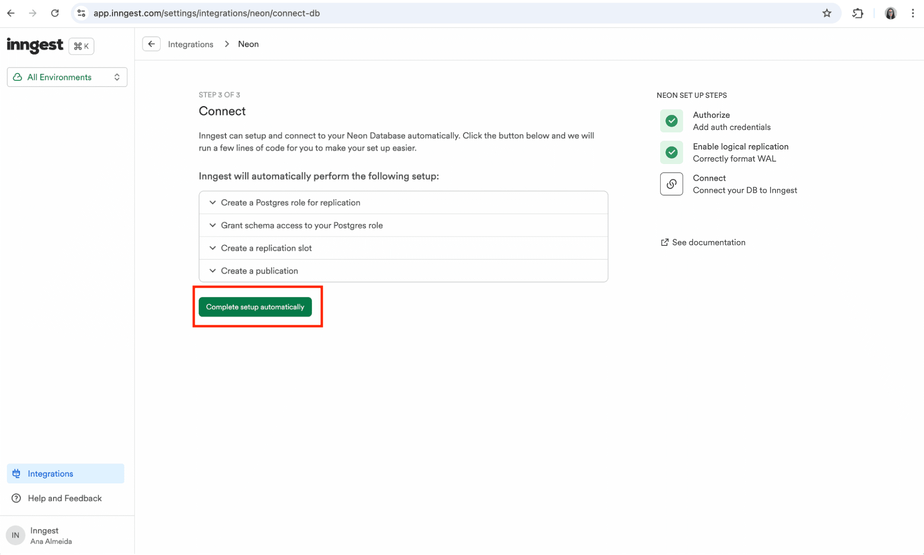 Neon automatic connect step inside the Inngest integrations page