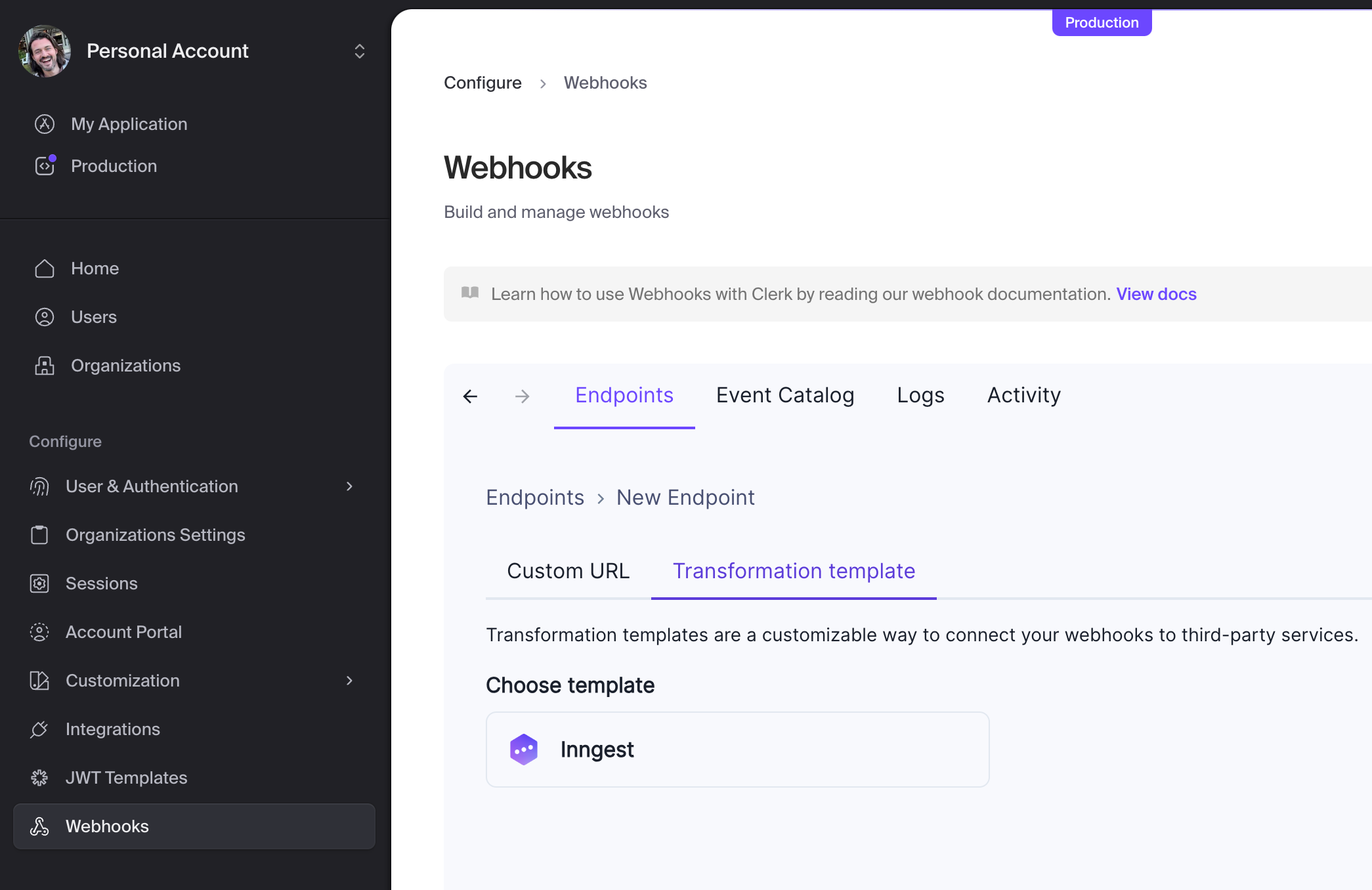 Clerk dashboard's Webhook page