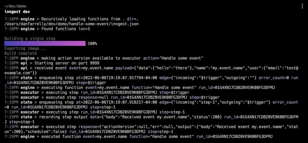 Inngest DevServer example output